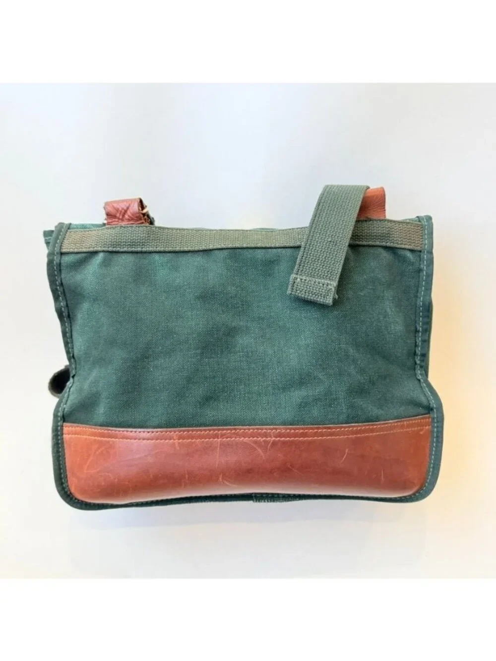 Orvis Vintage Leather Canvas Messenger Bag Green Brown Crossbody Satchel